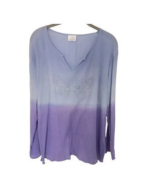 Greater Good Boho Dip Dye Top Blue/Purple Embroidered Butterfly Sz L